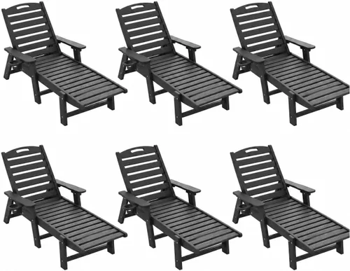 Vista 33 de Tumbona al aire libre, silla de descanso al aire libre con textura de madera, respaldo ajustable de 5 posiciones, silla de salón de polietileno