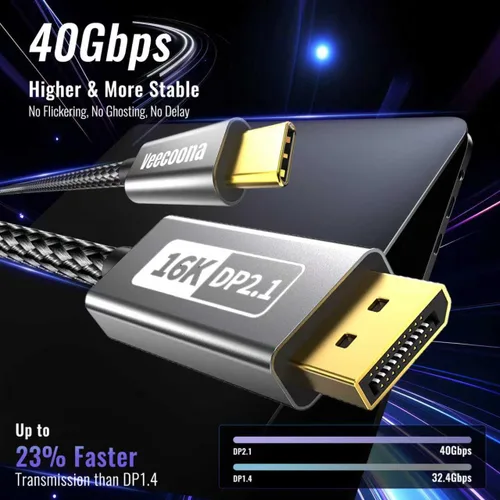 Vista 3 de Cable USB-C a DisplayPort 2.1 de 3 pies 16K @30Hz 8K a 120Hz 4K @240Hz 40Gbps, cable Thunderbolt 4/3 a DisplayPort 2.1