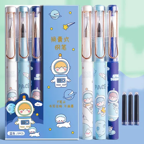 Vista 6 de Juego de bolígrafos, 3 plumas estilográficas EF de 0.015 in, 3 bolsas de tinta, tinta azul, para suministros de regalo de escritura y dibujo