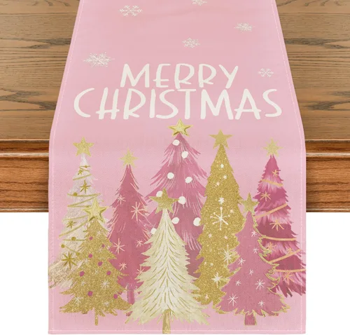 Vista 9 de Artoid Mode Camino de Mesa de Feliz Navidad con Árboles de Navidad y Copos de Nieve Rojos 210 GSM, Decoración de Mesa de Comedor de Cocina
