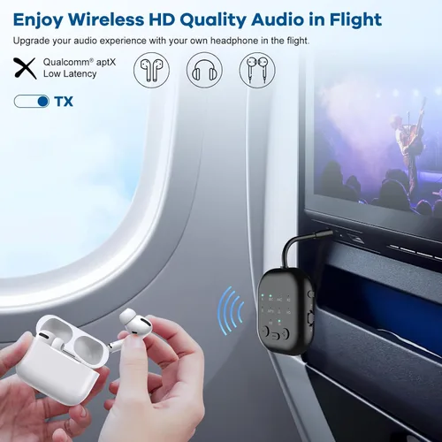 Vista 3 de Receptor transmisor Bluetooth, adaptador de audio Bluetooth para avión, transmisor inalámbrico para TV, gimnasio, Aptx HD, audio de baja latencia