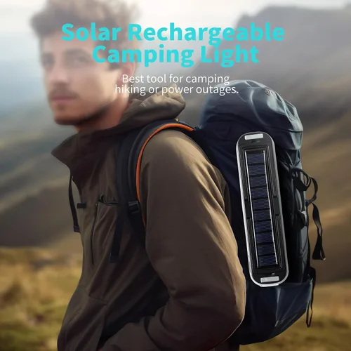 Vista 8 de Linterna solar recargable para campamento, 2000 lúmenes, 4 modos de luz, carga solar y USB (negro)