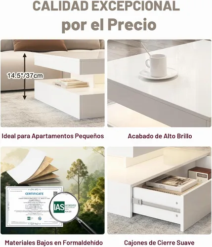Vista 6 de FKWin Mesa de centro blanca para sala de estar, mesa de centro moderna con luces LED y almacenamiento, mesa central de sala de estar de alta