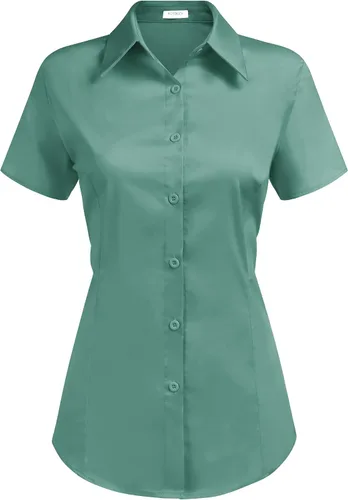 Vista 10 de HOTOUCH - Camisas básicas con botones para mujer de manga corta elásticas con cuello de botón para mesera y trabajo