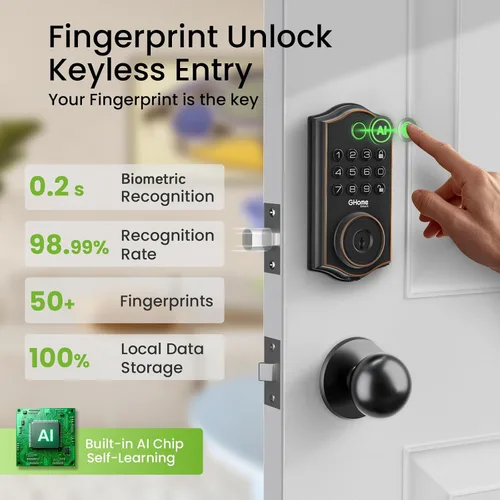 Vista 3 de GHome Smart Cerrojo de Seguridad, Cerradura de Puerta sin Llave con Código de Huella Dactilar para Puerta Delantera, Bloqueo Automático, Control por