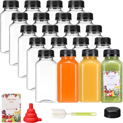 Vista 8 de SUPERLELE 20 botellas de plástico de 2 onzas con tapas, botellas de jengibre reutilizables, transparentes, a granel, para jugo, leche y otras bebidas