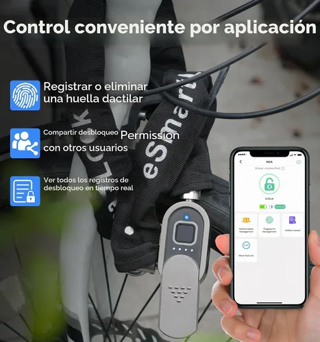 Vista 5 de Anweller Cerradura de cadena para bicicleta de huellas dactilares, resistente al robo, resistente a la intemperie, aplicación Bluetooth bloqueo