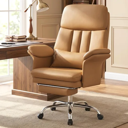Vista 13 de Silla de oficina en casa con reposapiés, 400 libras, silla de escritorio con respaldo alto con soporte lumbar, reposabrazos suaves, sillas de Beige
