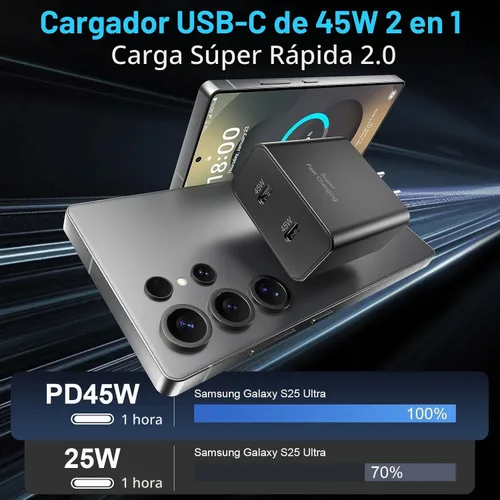 Vista 2 de Cargador súper rápido tipo C de 45 W para Samsung S26 S25 S24, paquete de 3 bloques de cargador rápido USB C de 45 W de doble puerto y cable