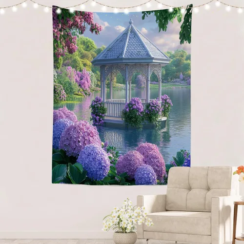 Vista 33 de Batmerry Peaceful Retreat Beautiful Landscape Polyester Tapestry, Blooming Garden Setting Lightweight Wall Hanging High-Definition Print Backdrop