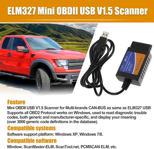 Vista 2 de X AUTOHAUX MINI OBDII USB V1.5 escáner OBD2 adaptador cable de diagnóstico para múltiples marcas CAN-Bus para Windows Escáner de fallas de coche