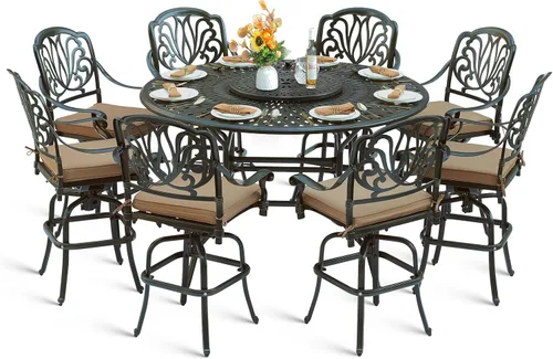 Vista 9 de Juego de barra para exteriores de 10 piezas, muebles de bar de aluminio fundido para todo tipo de clima con 8 taburetes de bar giratorios Bronce