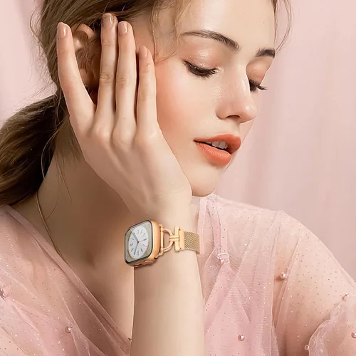 Vista 4 de Correas para Apple Watch para mujer de 1.575 pulgadas con funda protectora de pantalla, cierre magnético de acero inoxidable, correa para Apple Oro