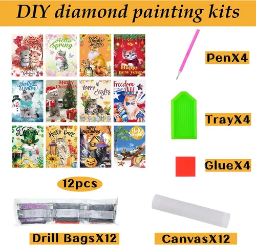 Vista 3 de Sinmoe 12 piezas de arte de diamantes de San Valentín DIY 5D Cat Diamond Painting Kits para adultos, pinturas de diamantes para niños, padres, niños