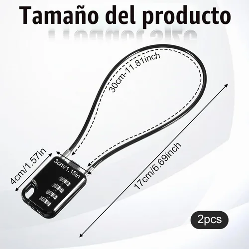 Vista 2 de 2 PIEZAS Candados de Combinación de 4 Dígitos Reiniciables de Diseño Compacto con Cable de 12 Pulgadas de Largo, Cerraduras de Cable Pequeñas