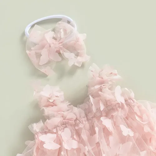 Vista 3 de Vestido de princesa para bebé niña 3D de malla de mariposa morada, sin mangas, de tul + diadema