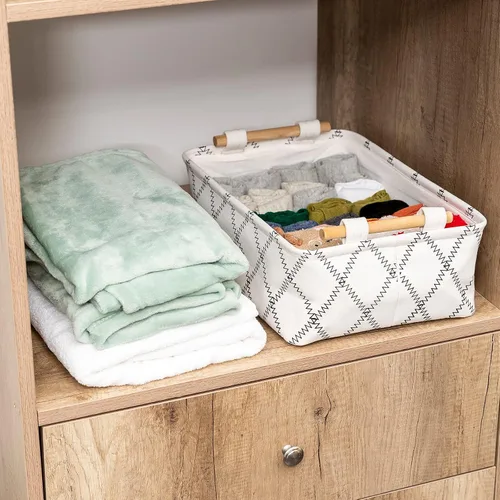 Vista 6 de Cesta organizadora plegable de tela rectangular con asas de madera para almacenamiento de ropa y juguetes