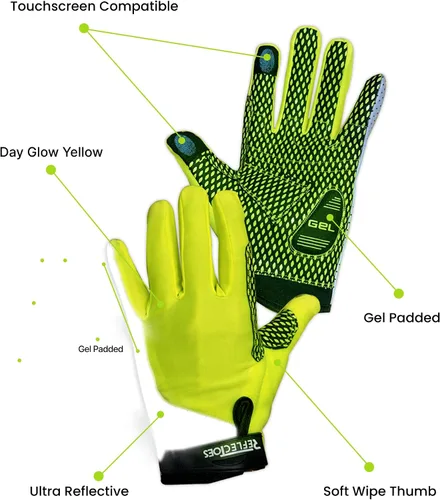 Vista 6 de Guantes reflectantes para bicicleta de verano, guantes de ciclismo fluorescentes de alta visibilidad con acolchado de gel y golpes antideslizantes