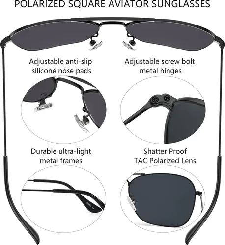 Vista 4 de Lentes de sol cuadrados de aviador para mujeres y hombres, polarizados, militares, cuadrados, clásicos, vintage, de metal