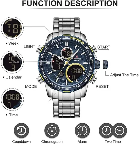 Vista 7 de NAVIFORCE Reloj digital analógico de cuarzo para hombre, de lujo, de acero inoxidable, impermeable, de moda, cronógrafo, militar, multifuncional