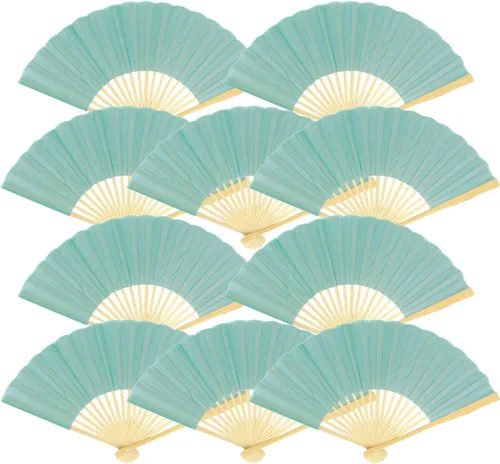 Vista 15 de Quasimoon PaperLanternStore.com Abanicos de mano de seda azul Arctic Spa de 9 pulgadas para bodas (paquete de 10)
