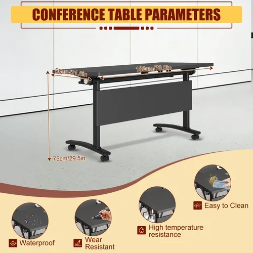 Vista 2 de Mesas plegables para sala de conferencias, mesa de entrenamiento móvil abatible con ruedas giratorias de 360°, mesa de conferencias moderna
