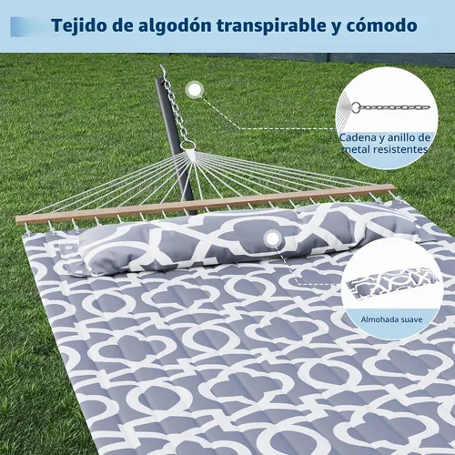 Vista 5 de GarveeLife Hamaca para 2 personas de 57 pulgadas para exteriores, hamaca de algodón con diseño ensanchado con bolsa de transporte y soporte