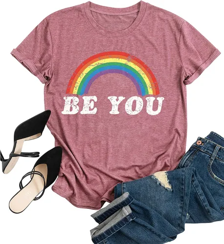 Vista 2 de Camisa de arco iris para mujer, camiseta de orgullo con estampado de arco iris, camisetas casuales de manga corta, Arco iris