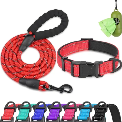 Vista 13 de Dynmeow - Juego de collar y correa reflectante para perro, correa de cuerda de escalada resistente de 6 pies con mango acolchado, collar ajustable