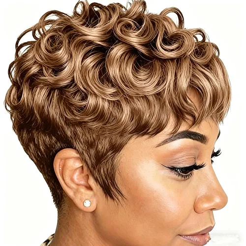 Vista 13 de Pelucas cortas de corte Pixie para mujeres negras, pelucas de corte Pixie con flequillo, negro mezclado con marrón, pelucas rizadas cortas