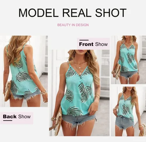 Vista 4 de Dokotoo - Blusa con tirantes y cuello en V para mujer, camiseta sin mangas con estampado de hojas, tallas S a XXL