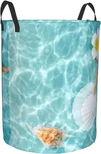 Vista 2 de Cesta de lavandería con diseño de estrellas de mar y flores, impermeable, plegable, con asa duradera, cesta de almacenamiento de ropa sucia redonda