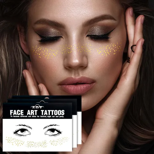 Vista 7 de 1 hoja de tatuajes faciales temporales metálicos dorados, luna celestial, estrella, pecas sintéticas, calcomanías de maquillaje, impermeables