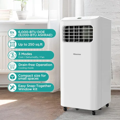 Vista 2 de Hisense Ventilador deshumidificador de enfriamiento portátil de 6,000 BTU para habitaciones más pequeñas de hasta 250 pies cuadrados, control