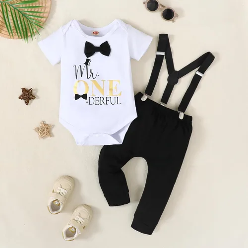 Vista 2 de Conjunto divertido de ropa de primer cumpleaños para bebé niño, con corbatín y estampado de dinosaurio, conjunto de pantalones con tirantes