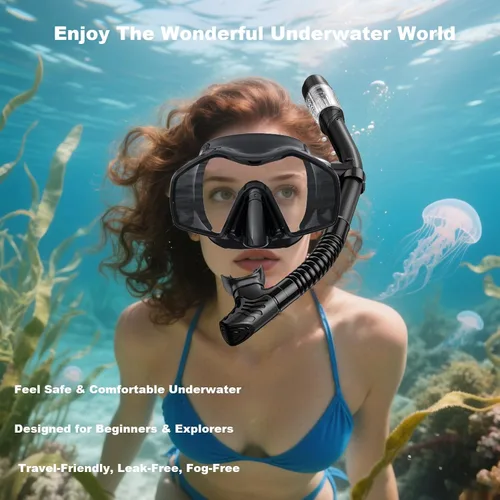 Vista 5 de Snorkeling Gear for Adults,Dry-Top Snorkel Mask Set with Tempered Glass,Anti-Fog & Anti-Leak Panoramic Swim Mask,Adjustable Snorkel Kit with Carry