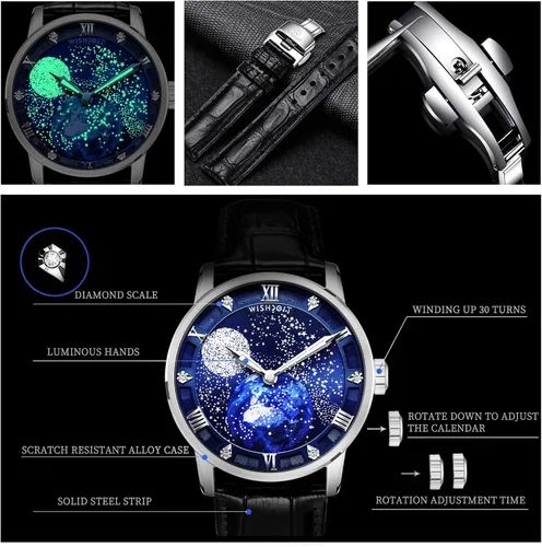 Vista 6 de WISHDOIT Relojes mecánicos automáticos para hombre acero inoxidable impermeable cuerda automática cielo estrellado reloj de lujo para hombre
