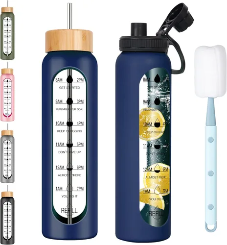 Vista 9 de Botella de agua de vidrio de 32 onzas con marcador de tiempo, tapa de boquilla con asa de 2 tapas y tapa de popote de bambú, botella de agua Negro