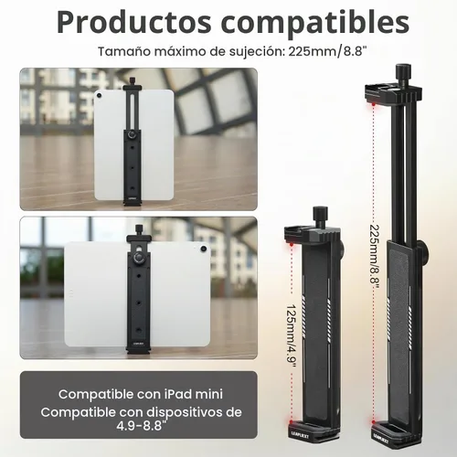 Vista 2 de Soporte para iPad de aleación de aluminio para trípode, compatible con iPad mini y tabletas de 5-8.8 pulgadas, tornillo de 1/4 pulgadas y liberación