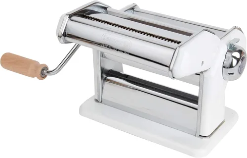 Vista 4 de Imperia Máquina para hacer pasta, color blanco, fabricada en Italia, construcción de acero resistente con esfera de fácil bloqueo, mango de agarre