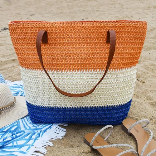 Vista 18 de Bolso grande de paja para mujer, tejido de ratán, bolso de playa de verano, a rayas