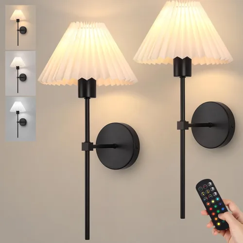 Vista 10 de Juego de 2 apliques de pared inalámbricos, pantallas plisadas recargables que funcionan con batería, luces de pared retro de cuello de ganso