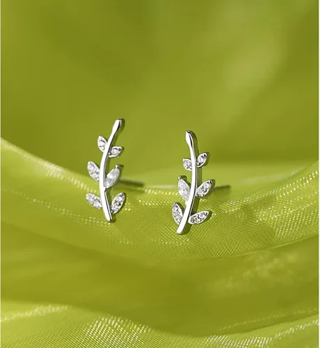 Vista 5 de Reffeer Aretes de plata de ley 925 con diseño de hoja de cristal para mujeres y niñas