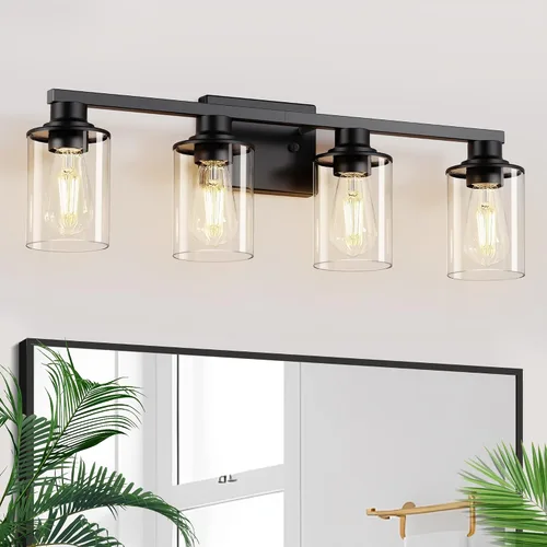 Vista 19 de L LOHAS LED Lámparas de baño negras de 2 luces, accesorios de iluminación modernos sobre espejo con pantalla de vidrio transparente, luces
