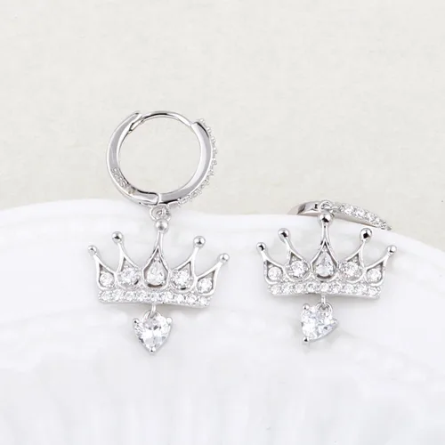 Vista 4 de 925 Sterling Silver Cubic Zirconia Princess Crown Dangle Huggie Hoop Earrings