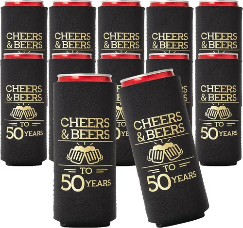 Vista 10 de Juego de 12 enfriadores de latas de Cheers and Beers to 50 Years - Decoraciones de cumpleaños número 50 en negro y dorado y recuerdos de fiesta