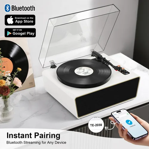 Vista 8 de Tocadiscos de vinilo de tamaño completo, tocadiscos Bluetooth de 3 velocidades con estilo Ruby, contrapeso ajustable, 4 altavoces estéreo
