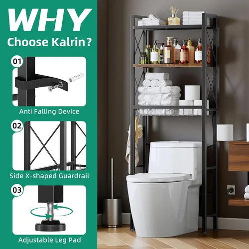 Vista 4 de Kalrin Over The Toilet Storage with X Shape Side Guardrail, 3-Tier Over Toilet Storage Rack with Drain Basket, Freestanding Bathroom Organizer for
