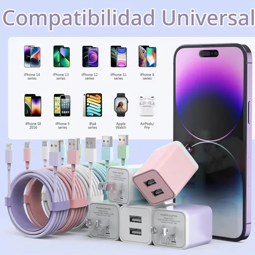 Vista 6 de iGENJUN Paquete de 5 cargadores de iPhone, adaptador de bloque de cargador de pared USB de doble puerto con cable Lightning largo de 6 pies, cables