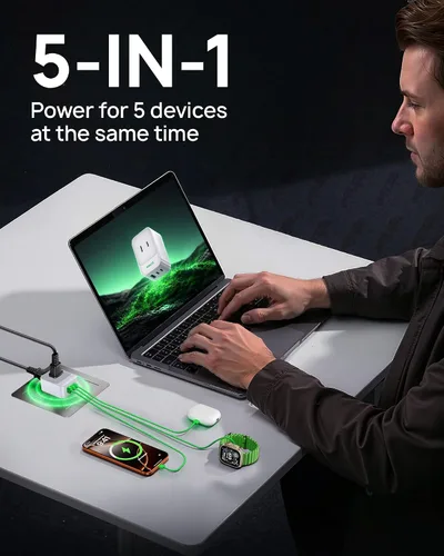 Vista 4 de Extensor de toma de pared 5 en 1 con 5 puertos 2 AC, 2 USB-C, 1 USB-A